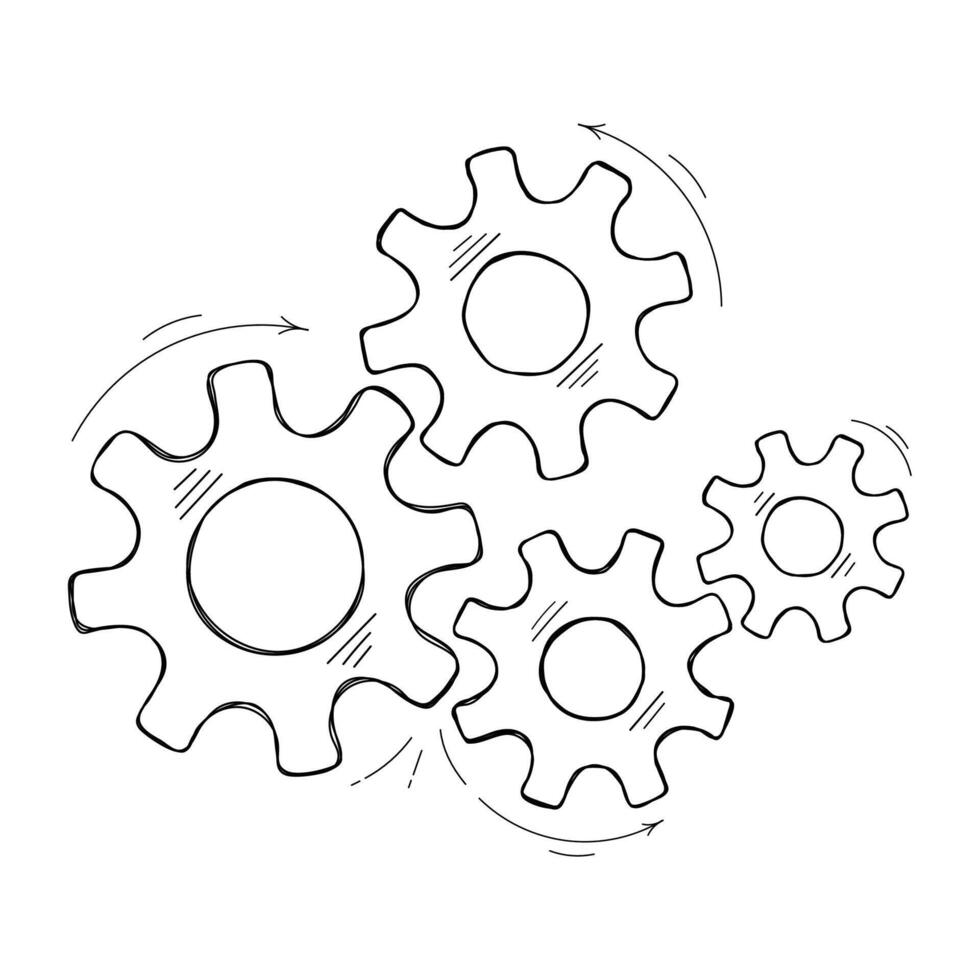 Mechanical cogs sketch illustration. Teamwork concept factory mechanism with hand drawn cog and gear signify human cooperation. Cogwheel graphic for technical symbol or modern background vector