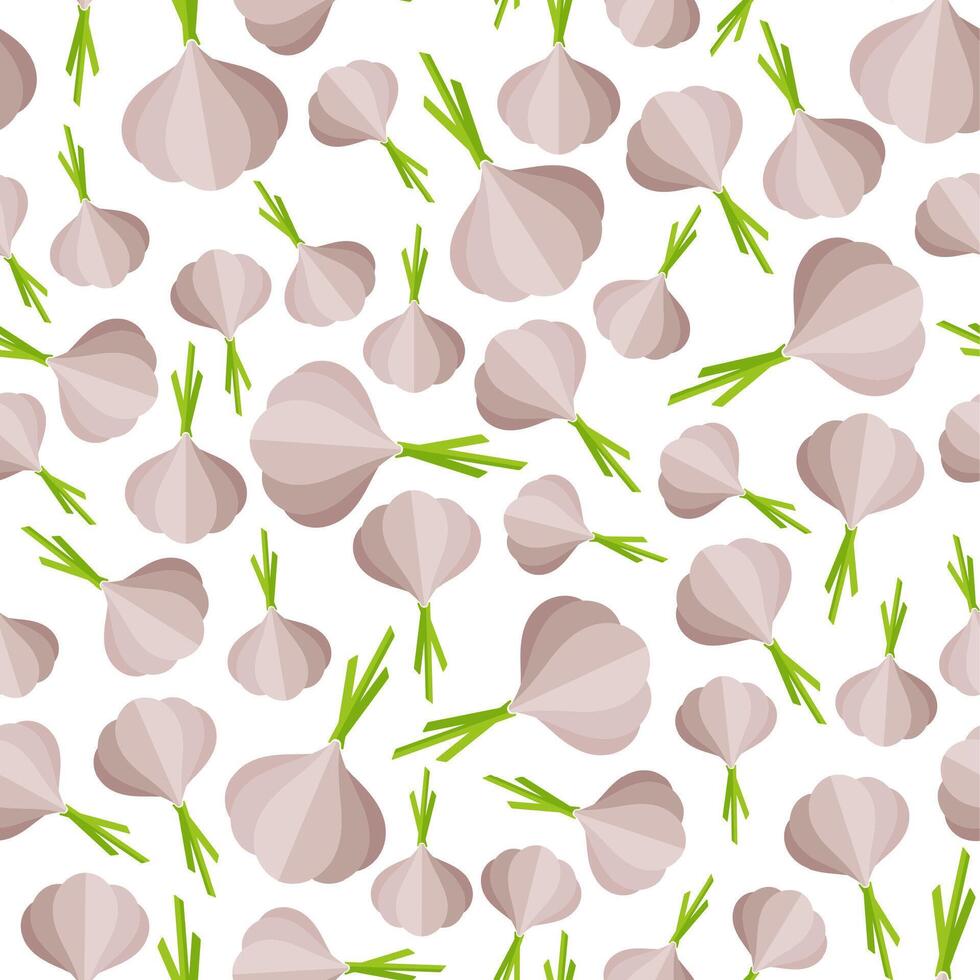 Flat vegetable seamless pattern. Trendy food design background in modern gray colors with abstract ordered garlic vegetables. illustration for vegetarian menu or backdrop print template. vector