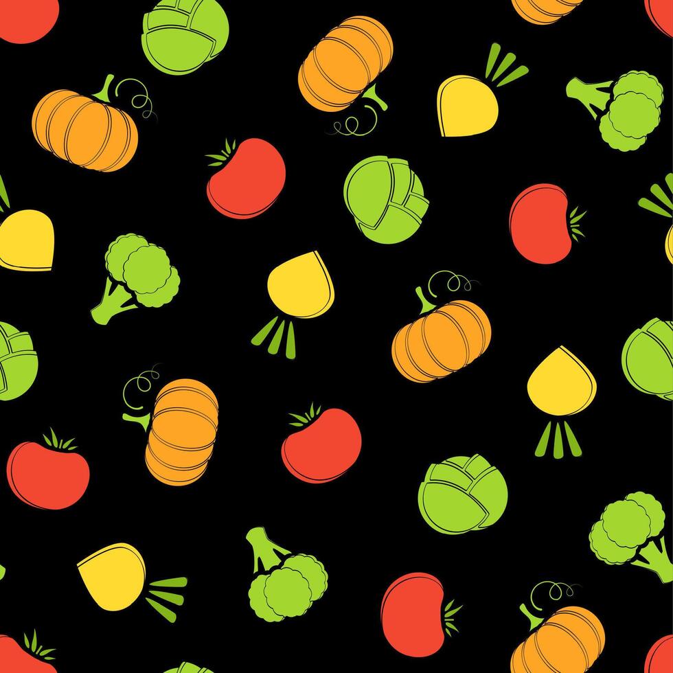 Silhouette seamless vegetable background flat illustration. Fresh food background in bright colors with autumn vegetable seamless element for healthy diet decor or vegan fabric print. vector