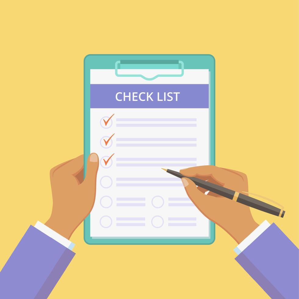 Check list on clipboard with hands illustration. Checklist document on board with paper clip. Flat man hands holding pen and clipboard with check list on yellow background for social media vector