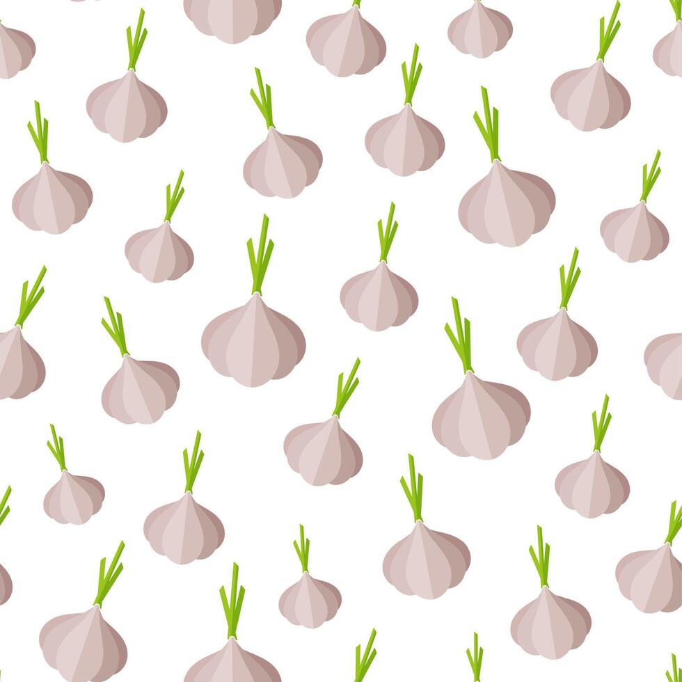 Flat vegetable seamless pattern. Trendy food design background in modern gray and white colors with random ordered garlic vegetables. illustration for vegetarian menu or backdrop print template vector