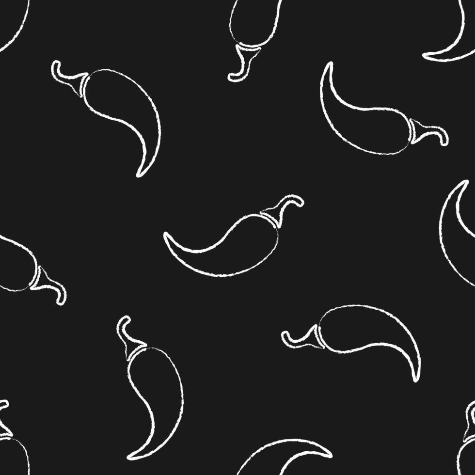 Fresh chilli vegetable chalk style seamless pattern. Contour design background on black chalkboard with chalk silhouette chili pepper vegetables. Seamless illustration for healthy diet pattern vector
