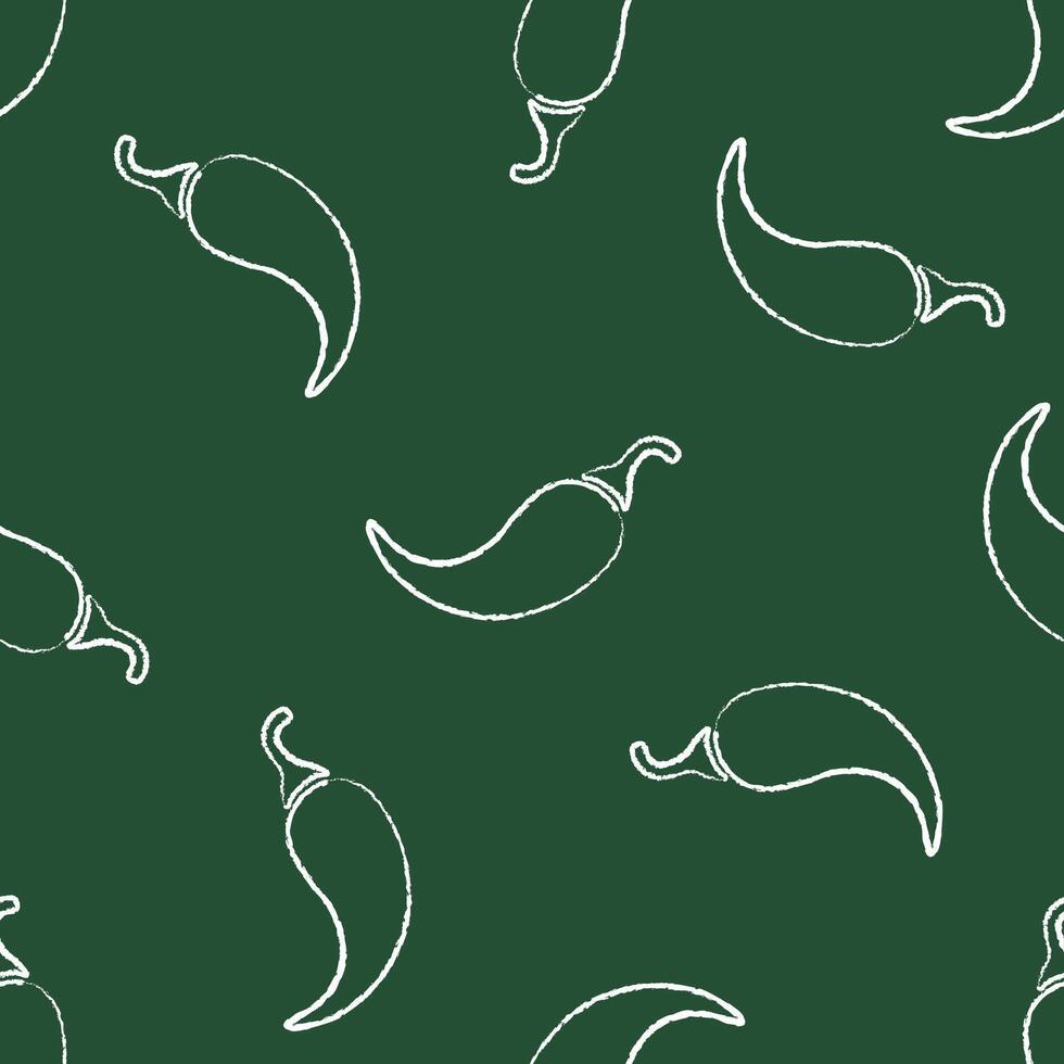 Decorative seamless chalk contour chilli vegetable pattern. Retro background with chalk silhouette chili pepper vegetables on green chalkboard. Seamless illustration for vegetarian menu pattern vector