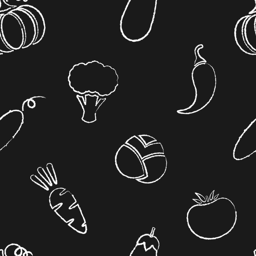 Flat chalk contour vegetable seamless pattern Texture background design with chalk silhouette evenly ordered vegetables on black chalkboard. Seamless illustration for healthy diet decor pattern vector