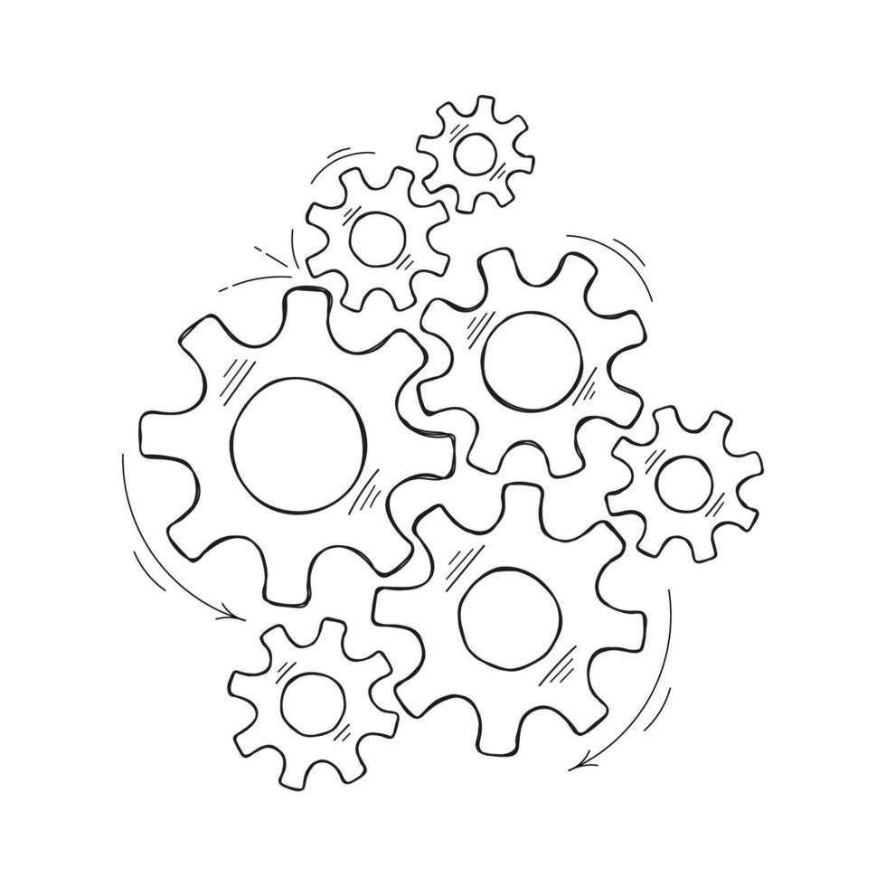 Mechanical gears sketch illustration. Cooperation concept hand drawn engine system with outline cog and gear signify human progress. Cogwheel graphic for pictogram template or web element vector