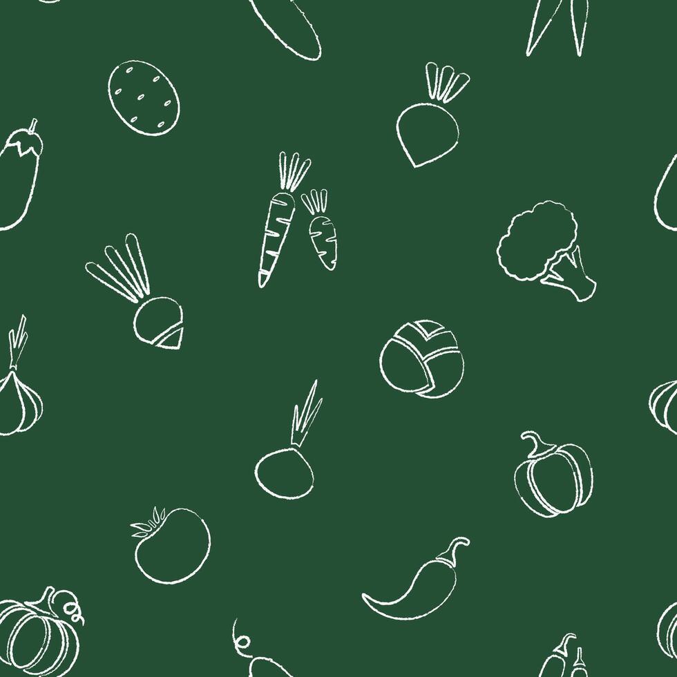 Decorative seamless chalk silhouette vegetable pattern. Trendy decoration food design background in modern colors with chalk contour vegetables. Seamless illustration for wrapping paper pattern vector