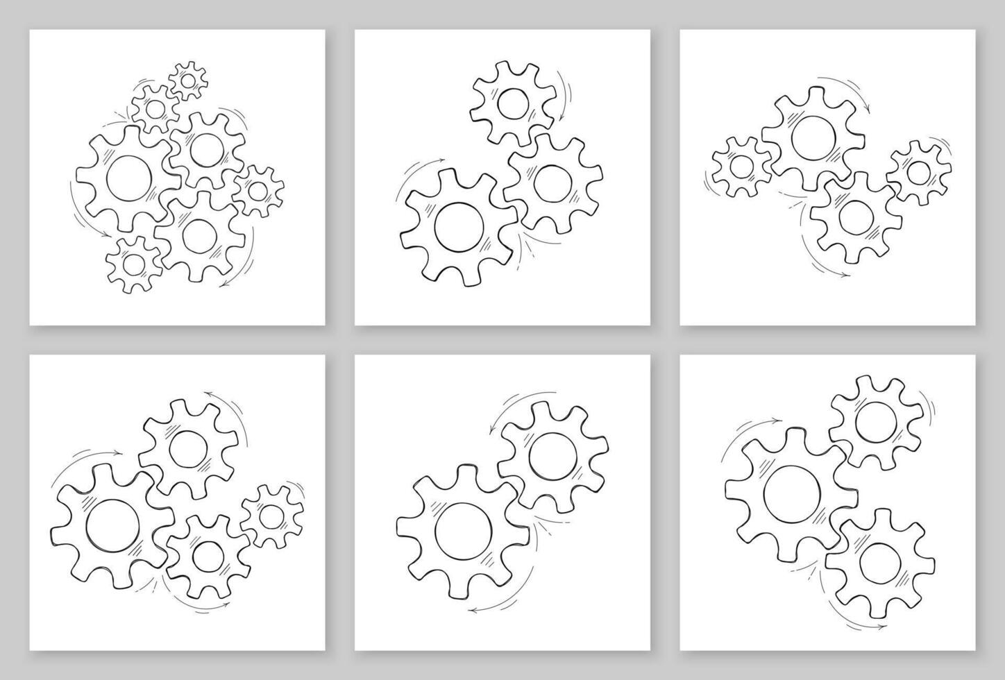 Mechanical gears collection hand drawn illustration. Set of cooperation concept design, engine system with sketched cog and gear signify human progress. Cogwheel doodle graphic for web element vector