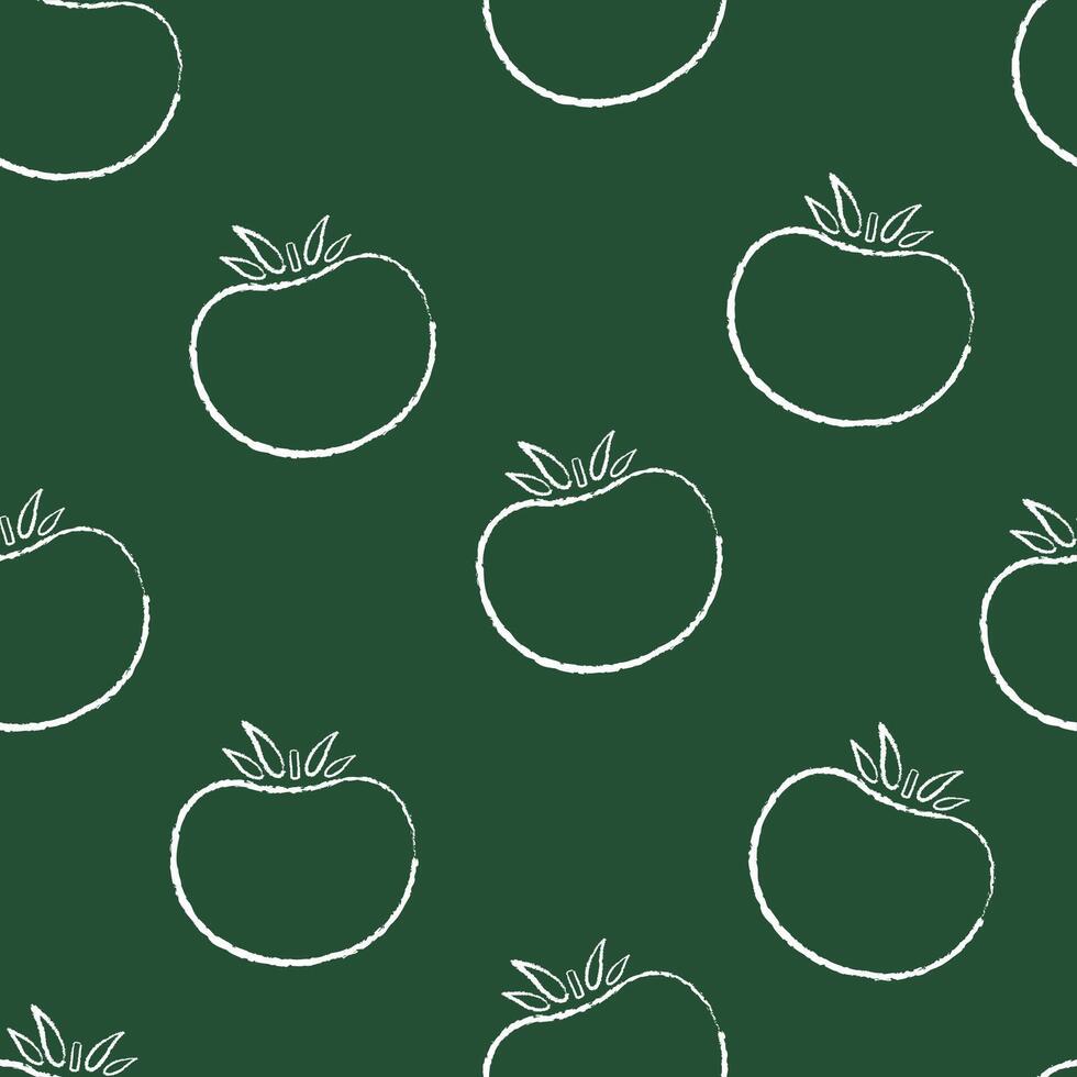 Decorative chalk silhoette seamless vegetable pattern. Retro food design background on green chalkboard with chalked contour tomato vegetables. Seamless illustration for wrapping paper pattern vector
