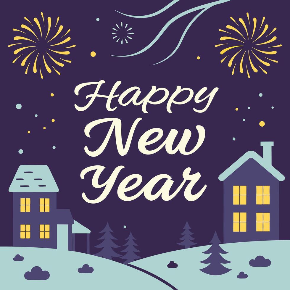 a poster for happy new year with a house and fireworks in the background vector