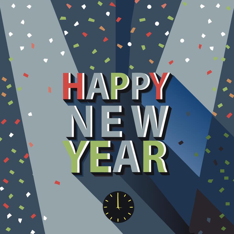 a clock with a colorful background that says happy new year on it. vector