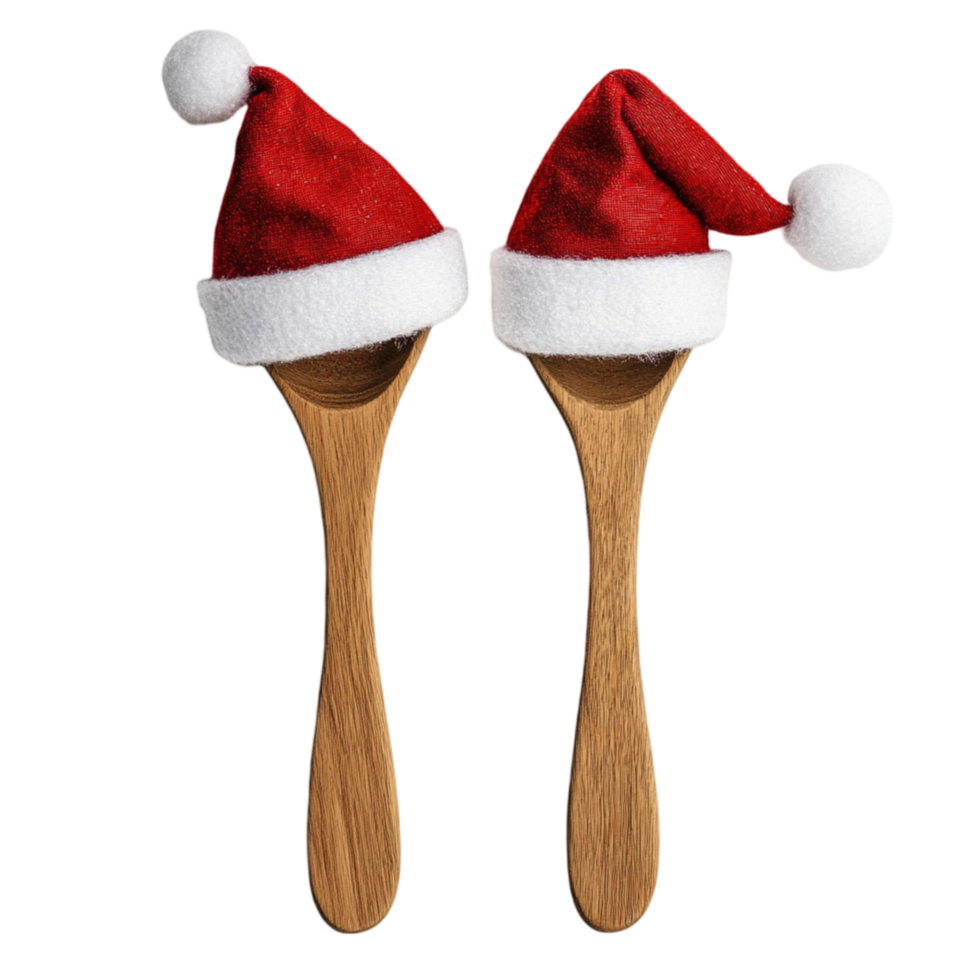 Two Wooden Spoons with Santa Hats on Transparent Background png