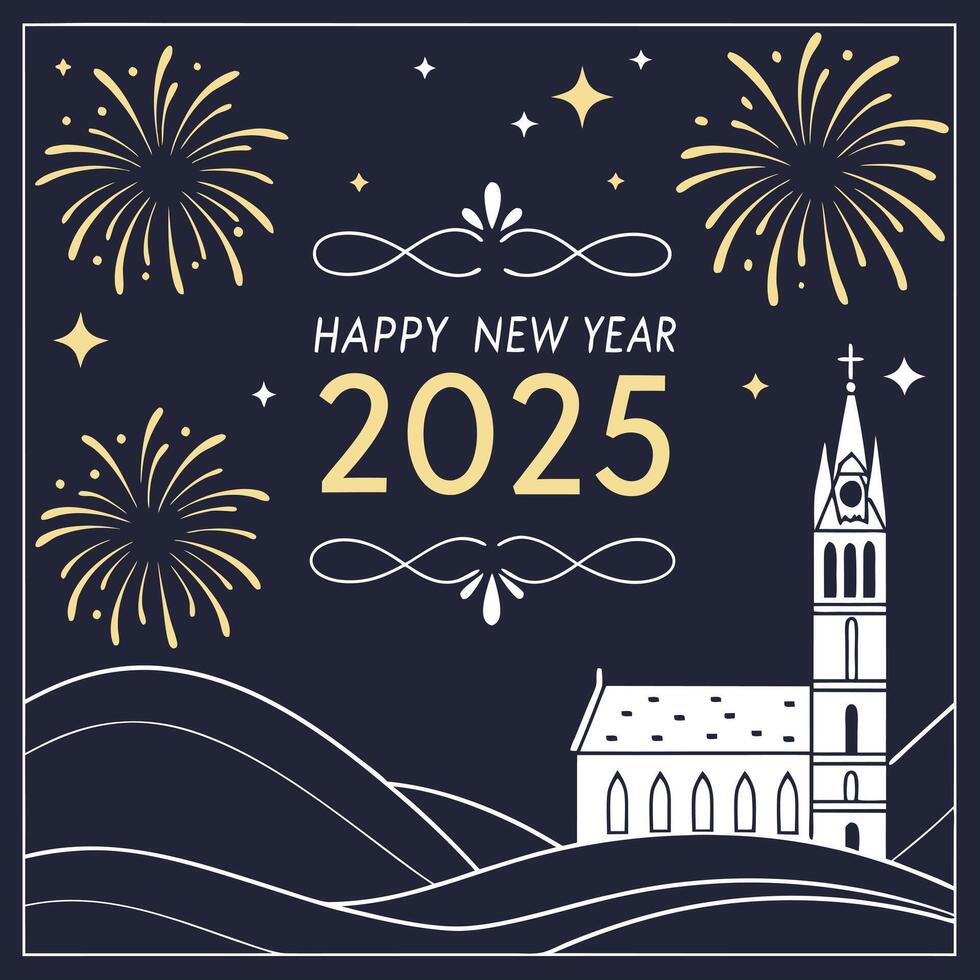 a poster for new year with a church and a church in the background. vector