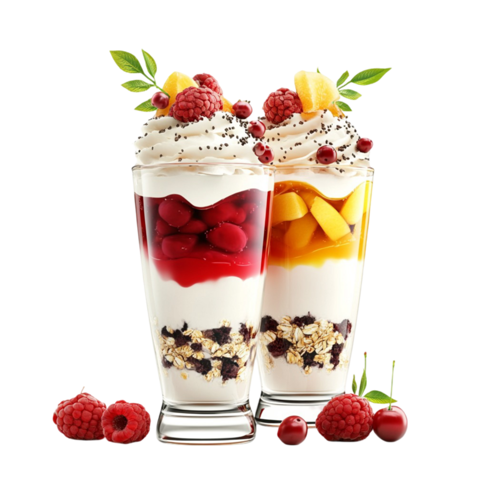 Two Dessert Cups with Fruit and Yogurt on Transparent Background png