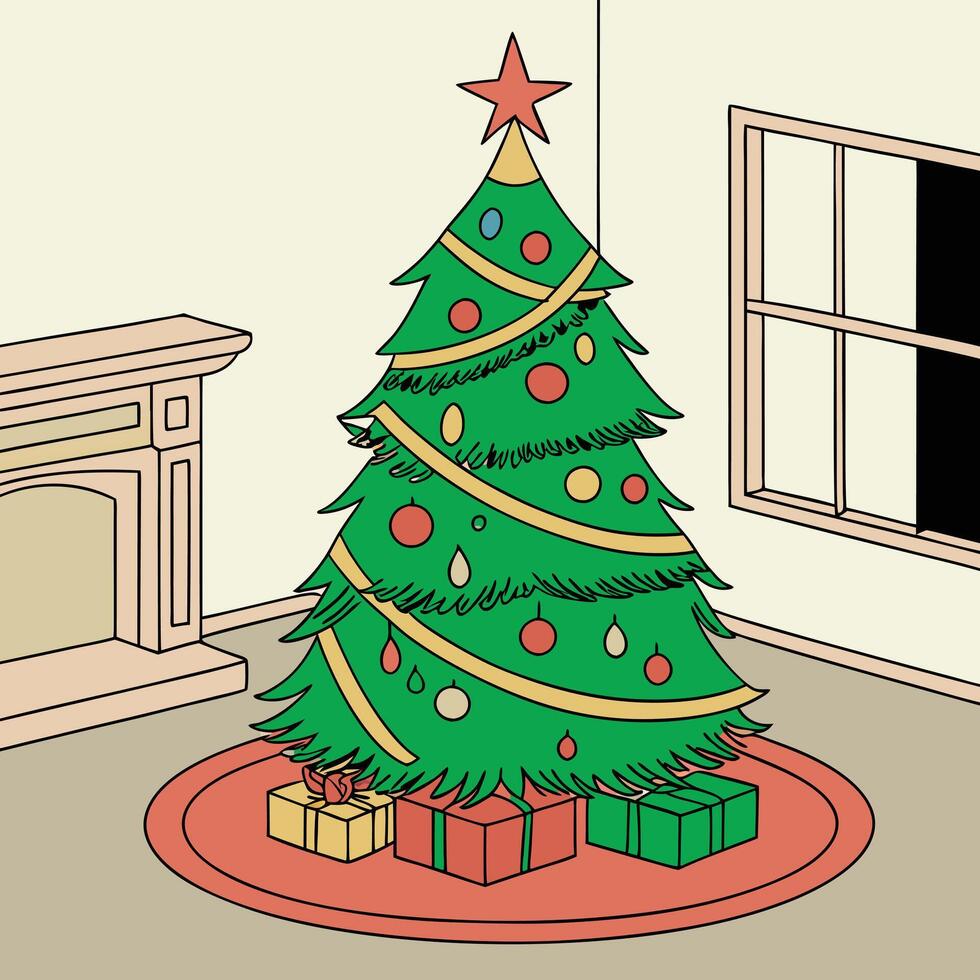 a christmas tree is in a room with a fireplace and a fireplace. vector