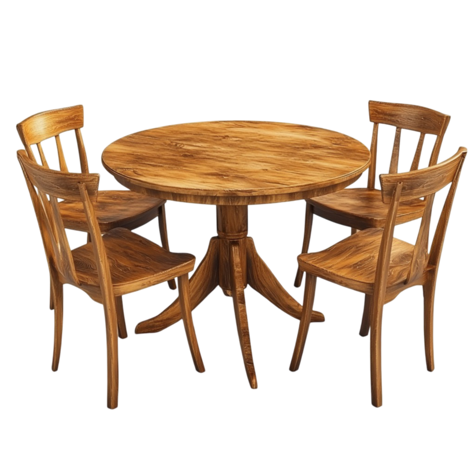 Round Wooden Table and Four Chairs on Transparent Background png