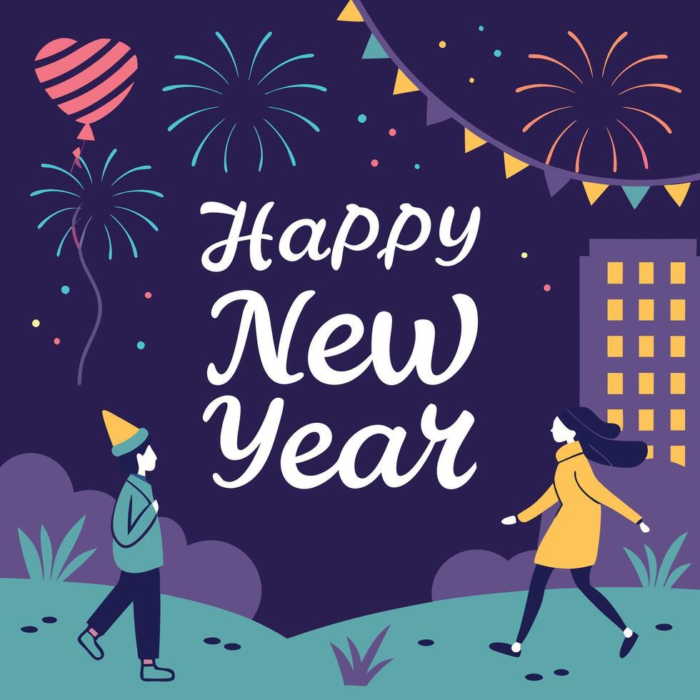 a poster for happy new year with a couple dancing and fireworks vector