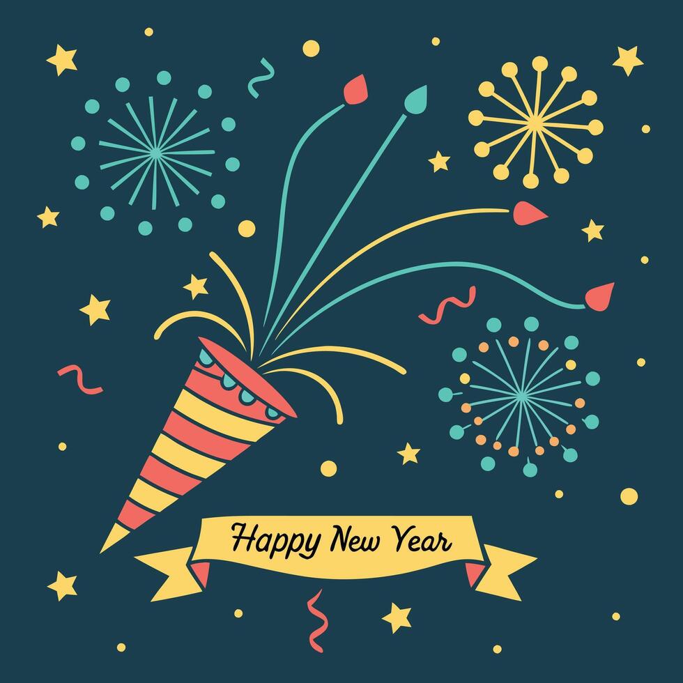 a picture of a cone with fireworks and a banner that says happy new year. vector