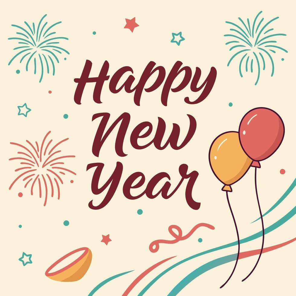 a poster with balloons and a banner that says happy new year on it vector
