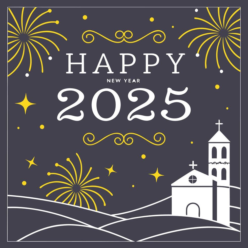 a poster for happy new year with a church and a church on it. vector