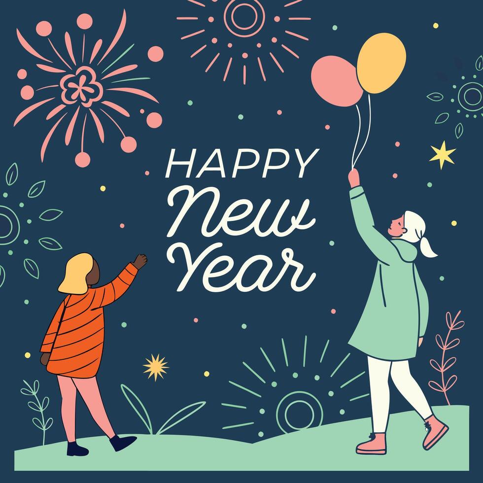 a poster for happy new year with a couple holding balloons vector