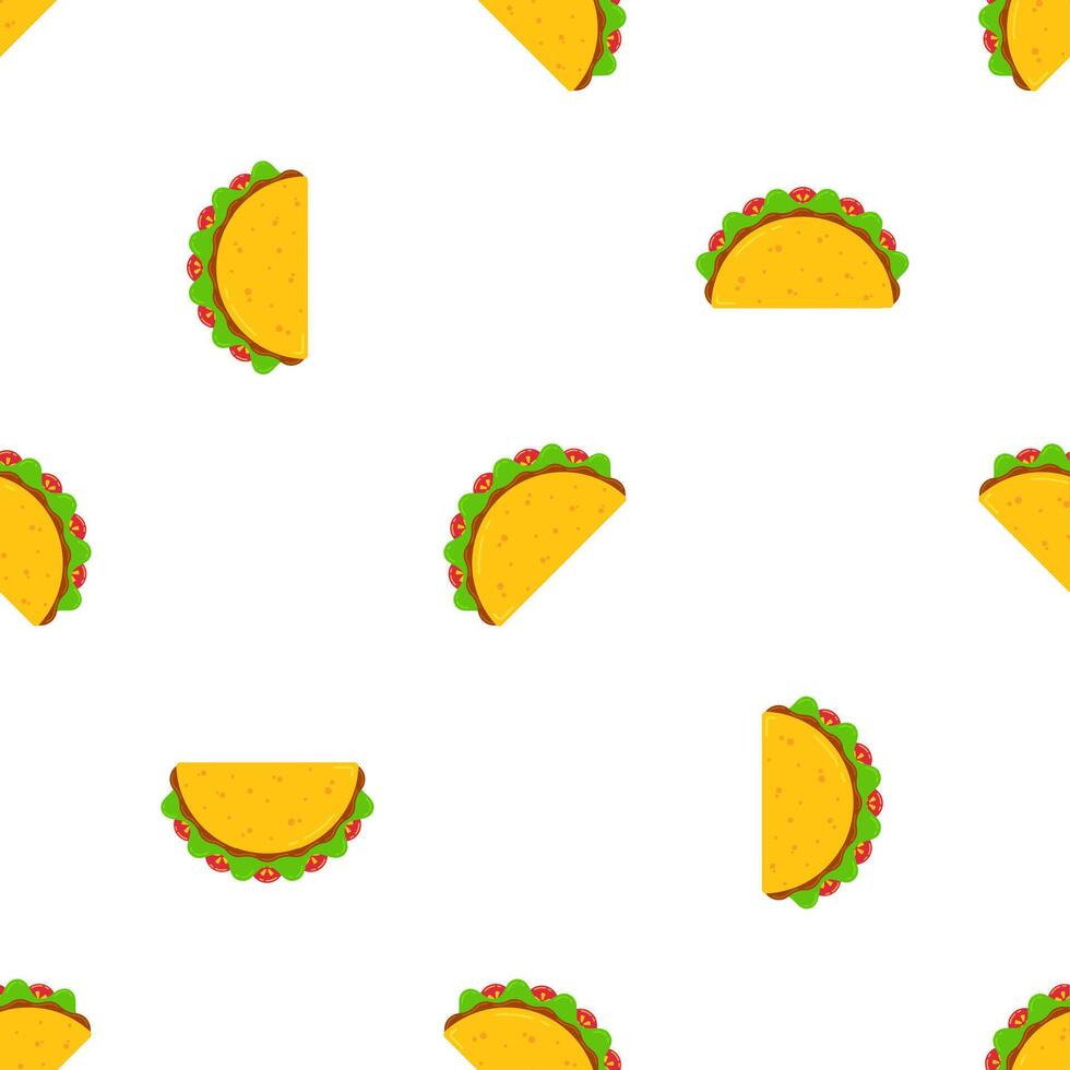 Mexican taco tuesday festival seamless pattern. Delicious fastfood yellow tacos with beef and chicken, green salad and red tomato on white background for cafe party, restaurant season offer design vector