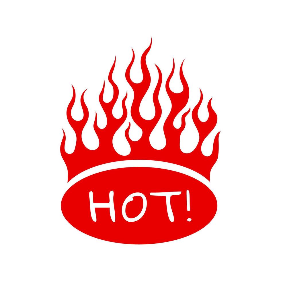 Cartoon hot food flames emblem. illustration with red fire flame on oval sign HOT isolated on white background. Blazing bonfire for tribal tattoo, flammable decals or spicy restaurant menu vector