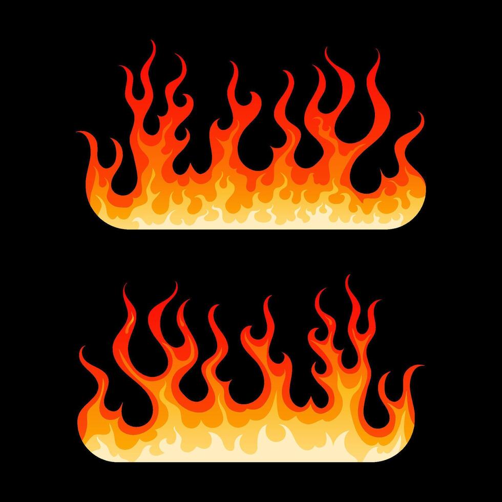 Cartoon burning flames element. Two decoration element with hot blazing fire flame in yellow, orange and red colors isolated on black background. illustration for web design or flammable emblem vector