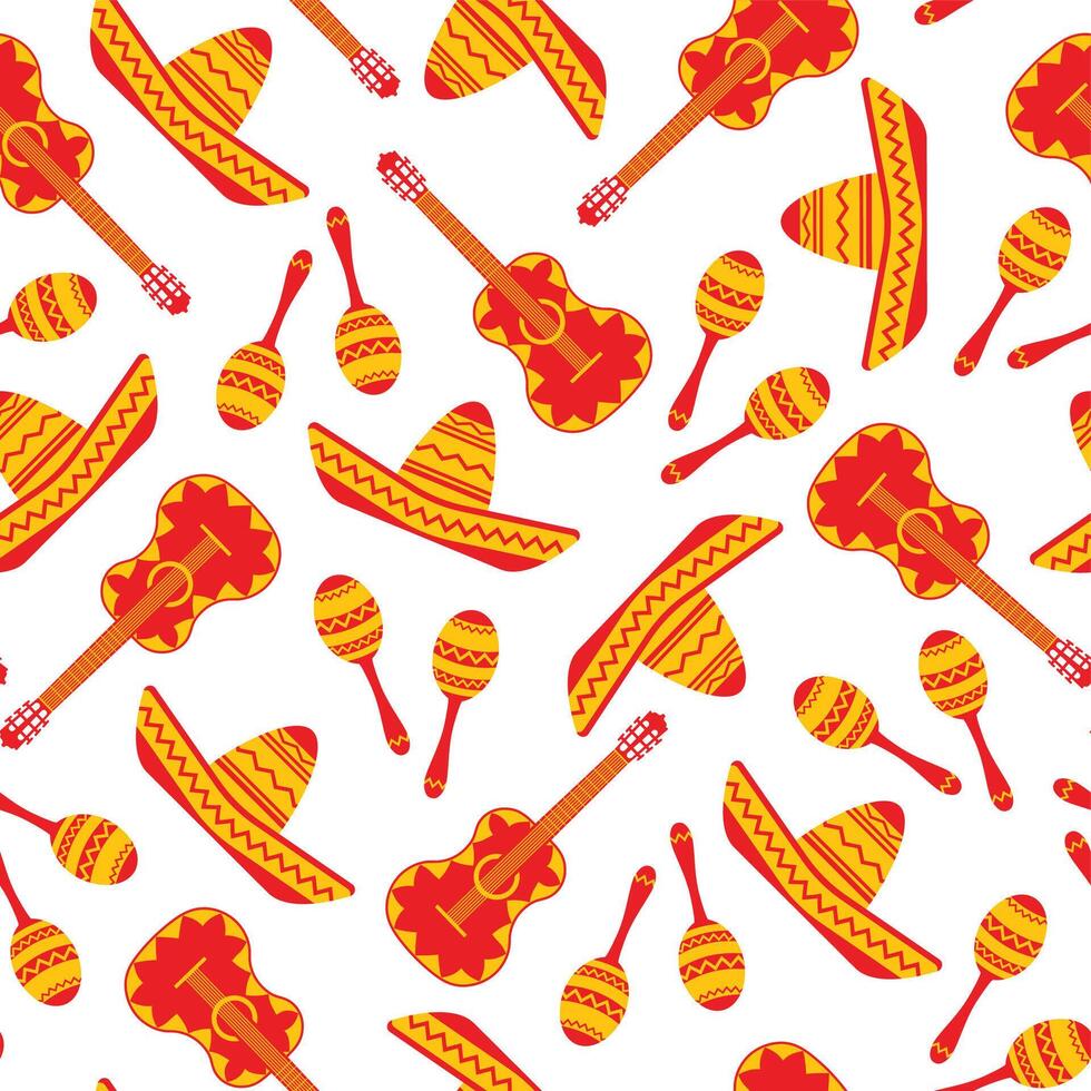 National mexican objects seamless pattern. texture with sombrero, guitar and maracas in red, yellow and orange colors on white background for event decoration or seamless fabric design vector