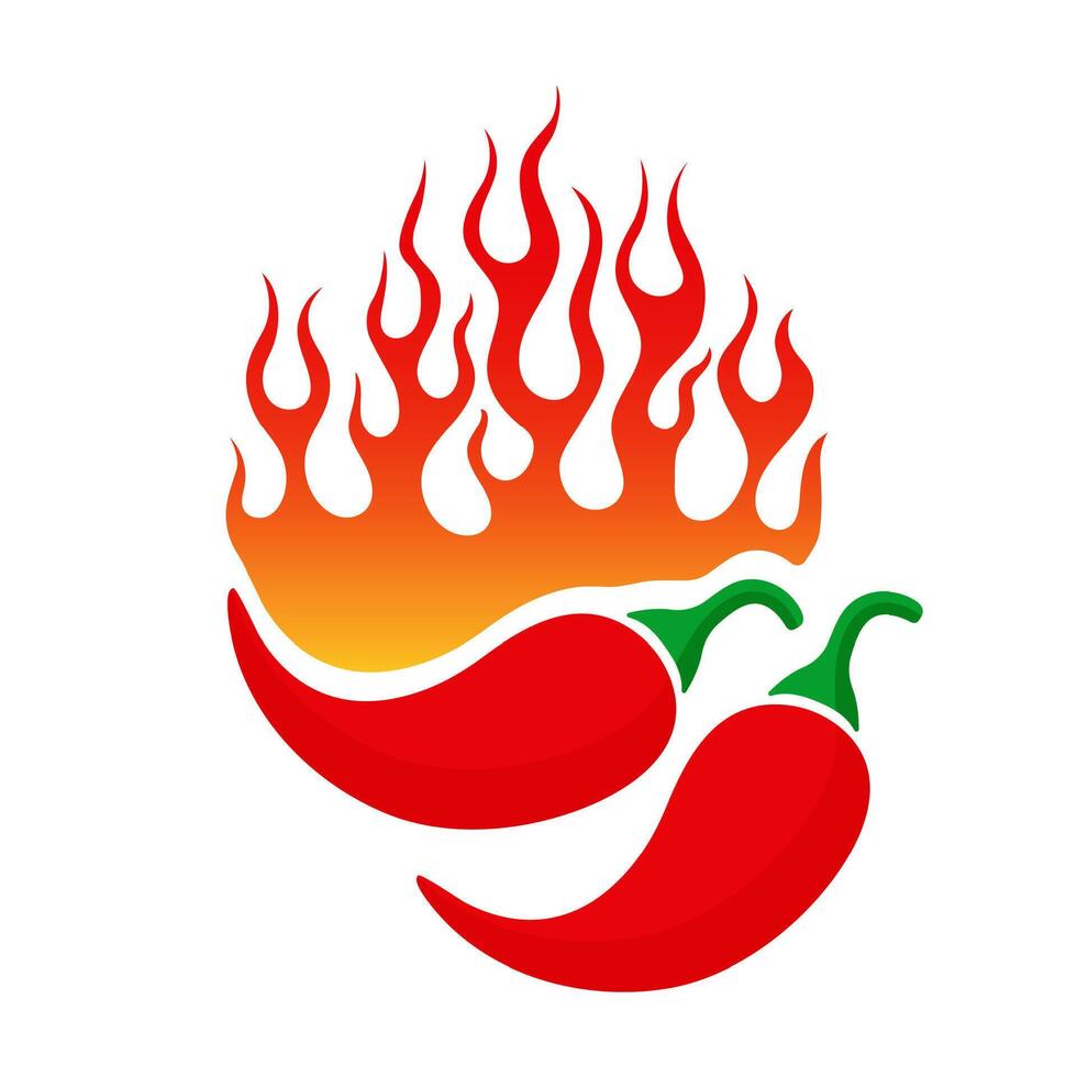 Cartoon emblem with chili pepper and blazing flames. Hot burning orange fire flame and two red chilli isolated on white background. illustration for restaurant design or spicy food menu vector