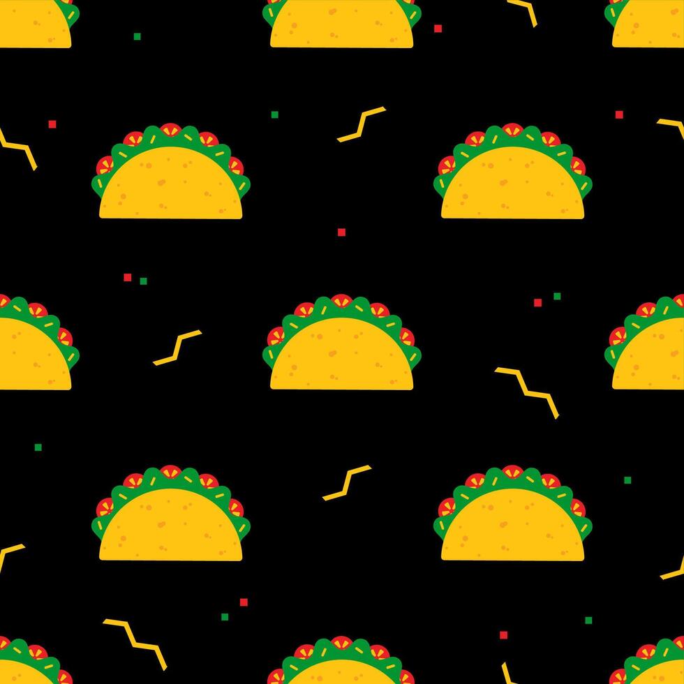 National taco meal festive seamless pattern. Mexican fast food tacos with beef or chicken meat, green salad and red tomato evenly ordered on black background for traditional taco tuesday party vector