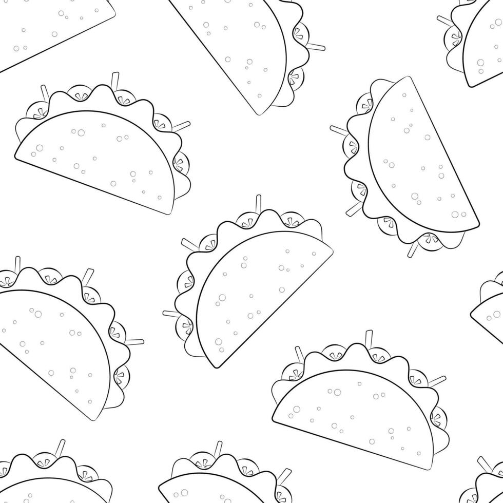 Mexican taco fastfood silhouette seamless pattern. Traditional outline tacos with beef or chicken meat, salad and tomato on white background for cafe menu, restaurant decoration or food truck design vector