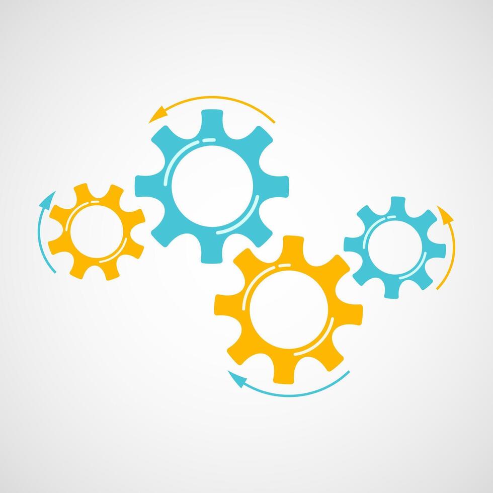 Industrial gears illustration. Development concept mechanism construction with blue and orange cog and gear signify people communication. Cogwheel graphic for pictogram template or web element vector