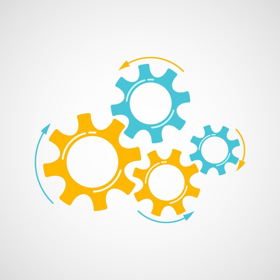 Mechanical gears illustration. Cooperation concept engine system with cog and gear in orange and blue colors signify human progress. Cogwheel graphic for pictogram template or web element vector