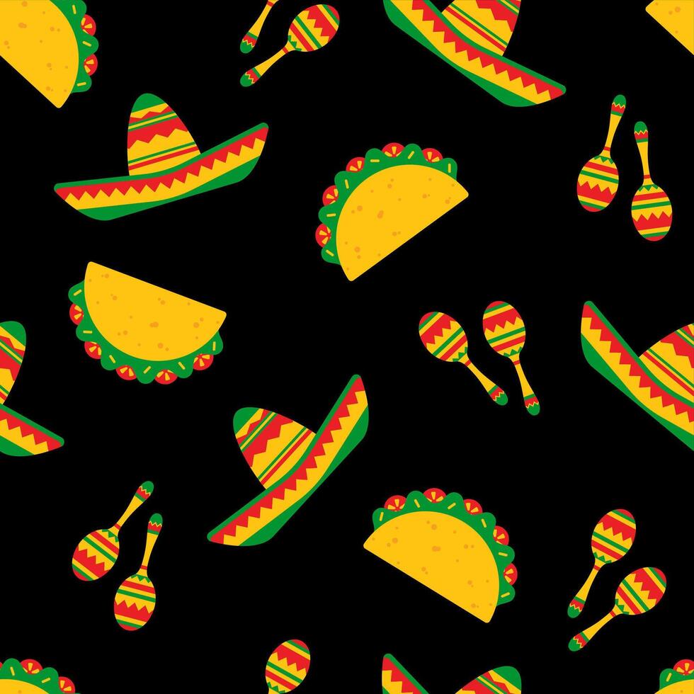 National taco day festive seamless pattern. Traditional tacos with beef, salad and tomato, bright sombreros and mexican maracas randomly ordered on black background. illustration for web banner vector