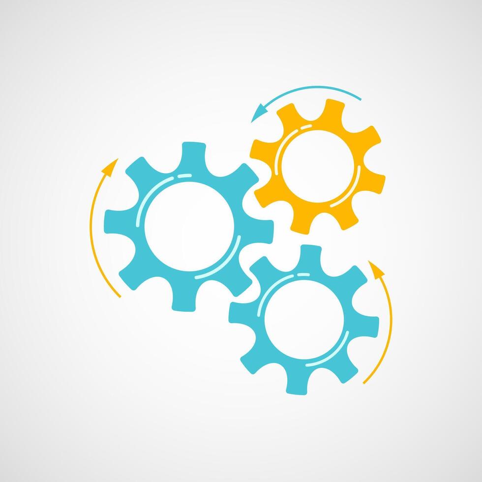 Mechanical gears illustration. Development concept design element with blue and yellow cog and gear signify innovation teamwork. Cogwheel graphic for technical symbol or modern background vector