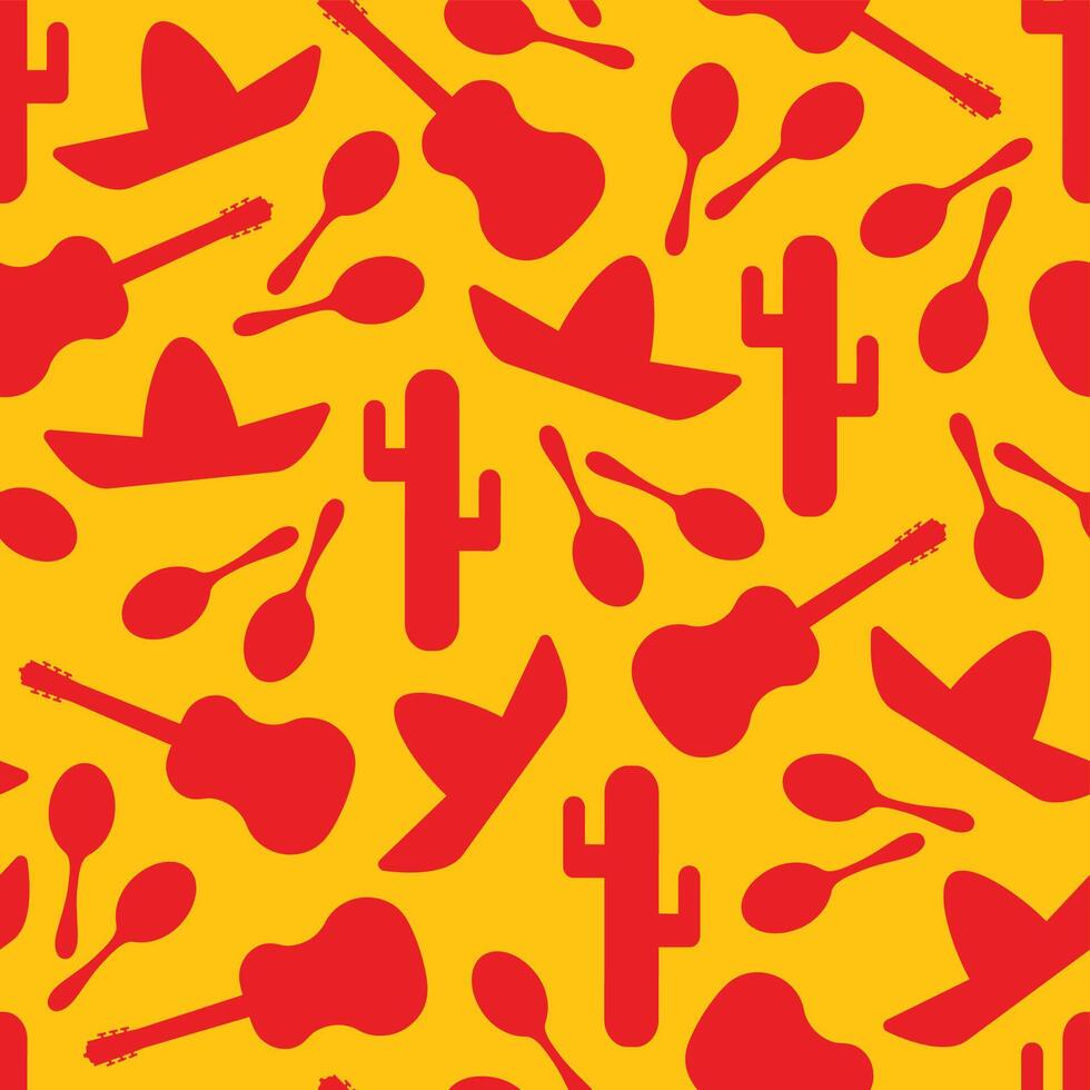 Festive outline mexican symbols seamless background. pattern with native silhouette cactus, sombrero, maracas and guitar. Illustraton in red, yellow or orange colors for textile seamless print vector