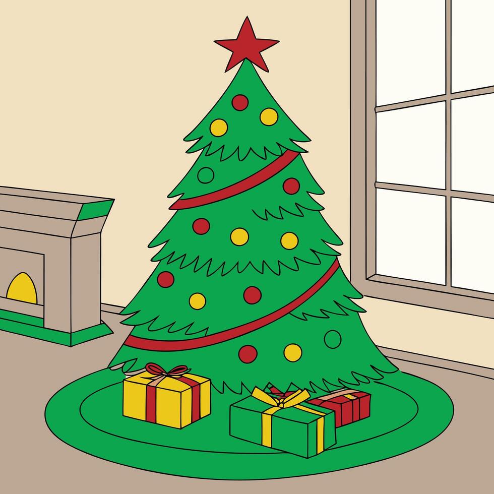 a green christmas tree with a red star on it vector
