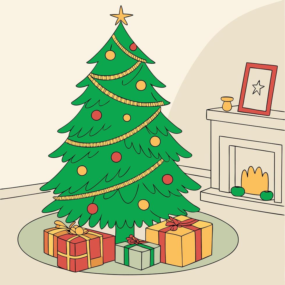 a drawing of a christmas tree with presents on the floor. vector