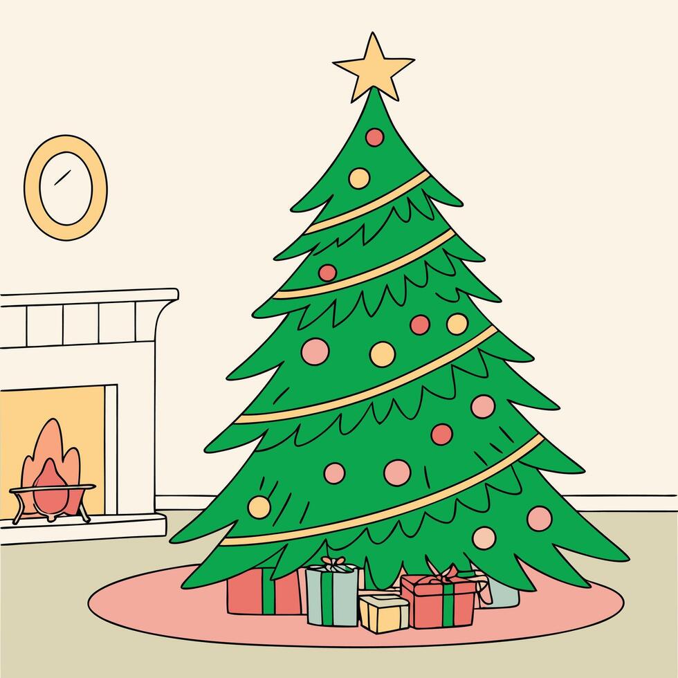 a christmas tree is in front of a fireplace. vector
