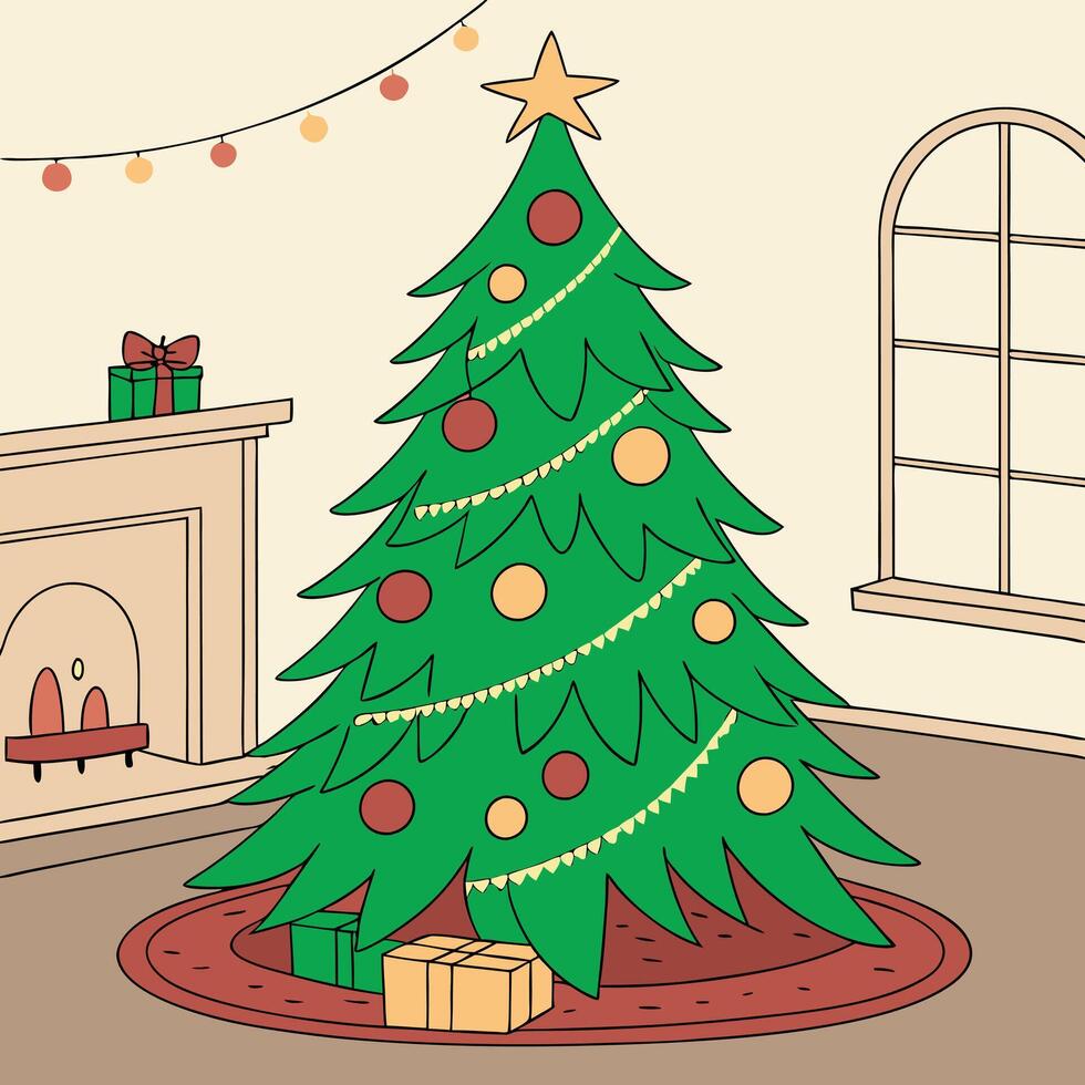 a christmas tree is in a room with a fireplace and a fireplace. vector