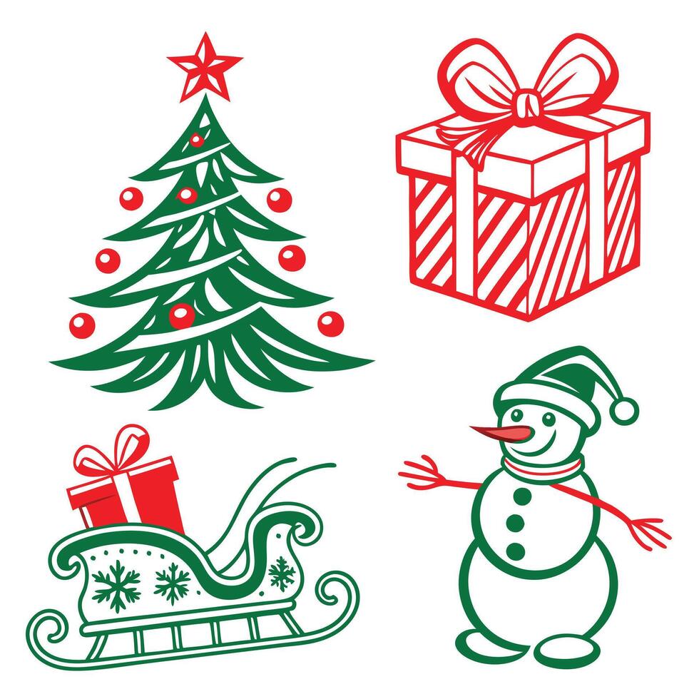 a set of christmas cards including a snowman, santa, and a christmas tree. vector