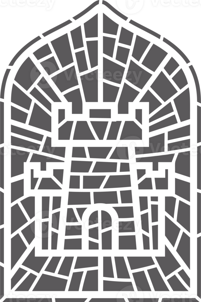 Church glass window. Gothic arch frame with medieval symbol. Vintage architecture element. Stained mosaic decoration with tower png