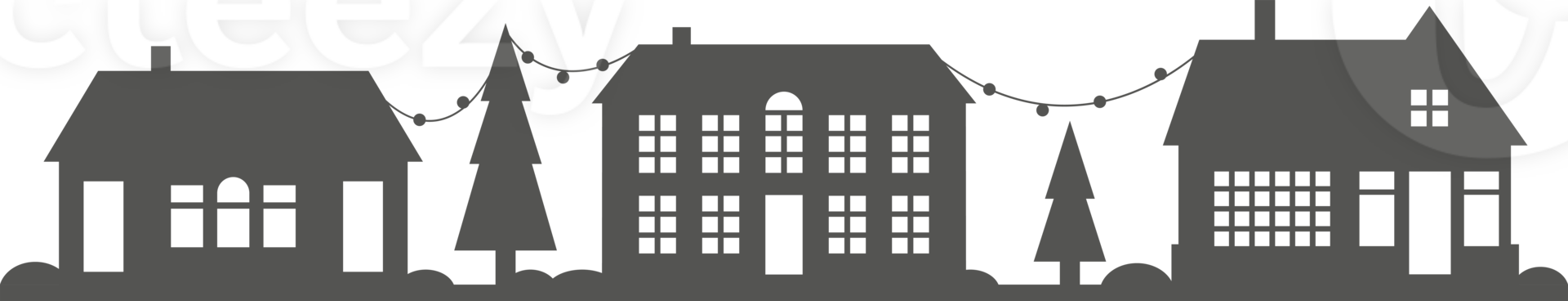 Town and village houses on skyline. Silhouette of small buildings in neighborhood. Christmas rural simple drawing. Winter country landscape with trees in night. png