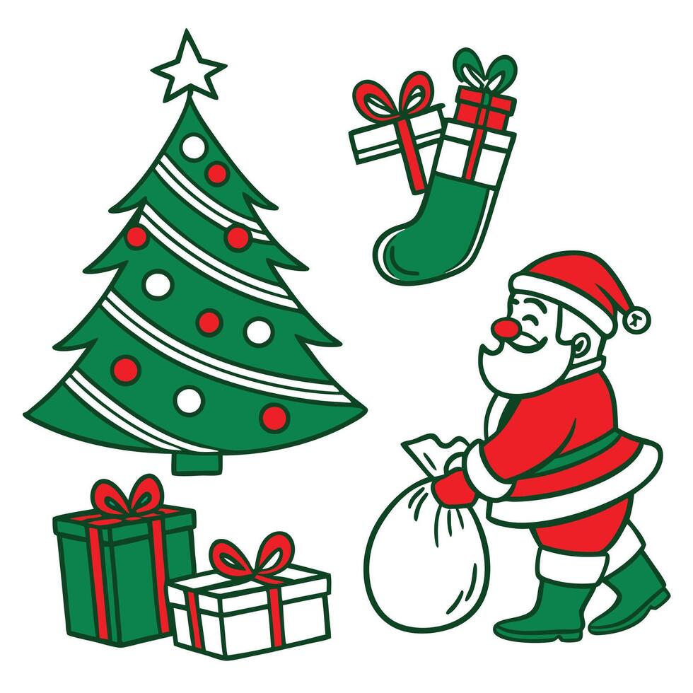 a christmas card with a santa and a christmas tree. vector