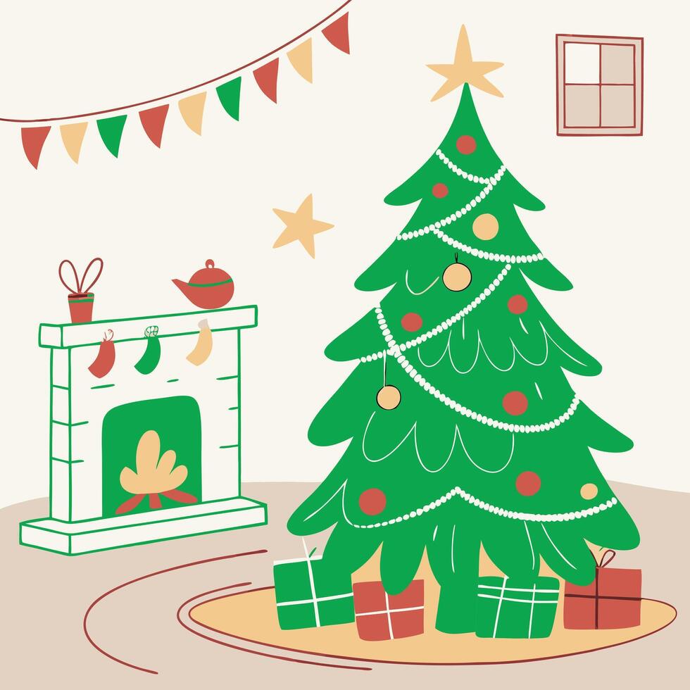 a picture of a christmas tree and a fireplace. vector