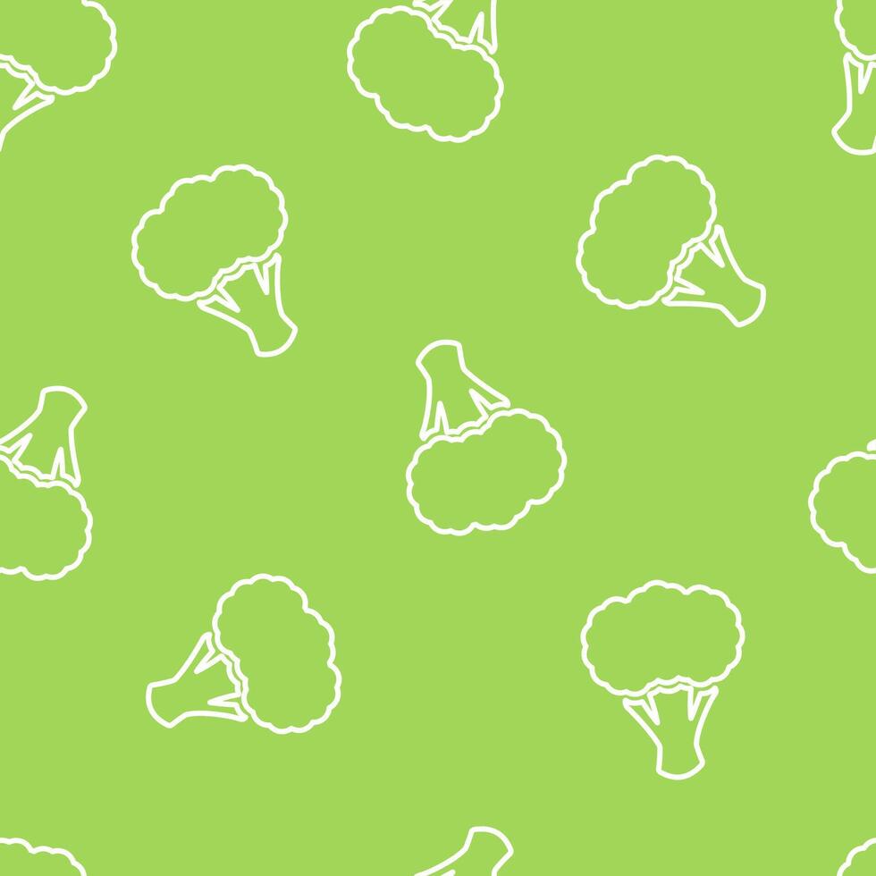 Broccoli silhouette seamless vegetable pattern flat illustration. Fresh food pattern in white and green colors with outline broccoli vegetable seamless element for fabric print or wallpaper vector