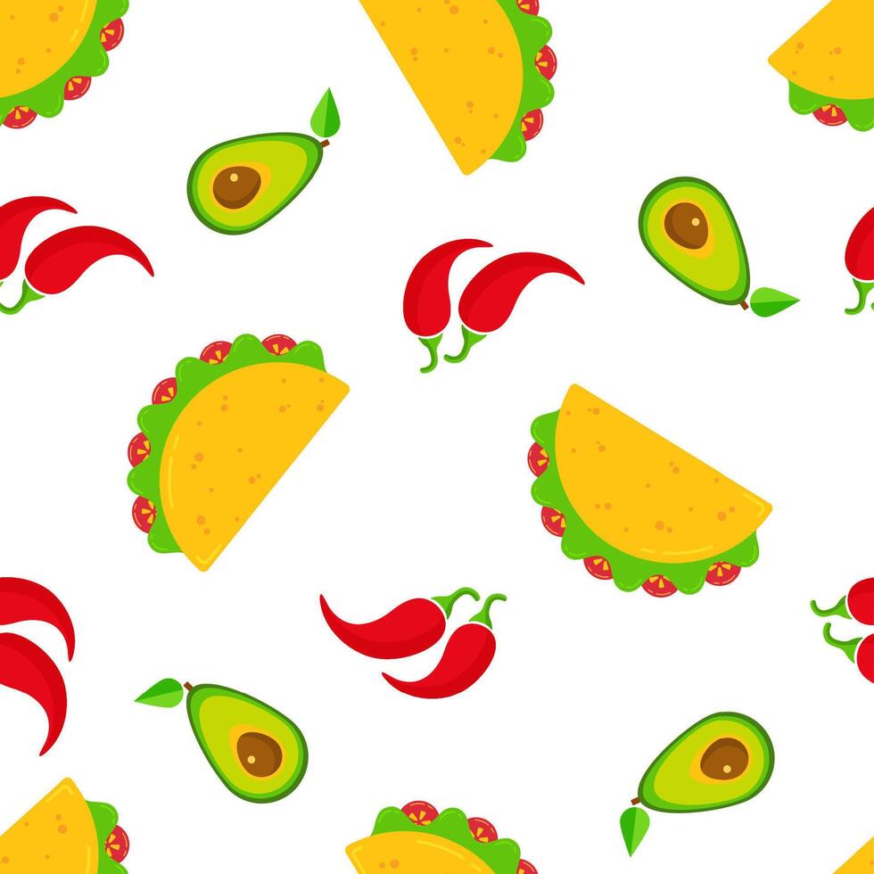 Traditional taco day seamless pattern. National fastfood illustration tacos with beef, salad and tomato, green avocado and hot chili peppers randomly ordered on white background for cafe design vector