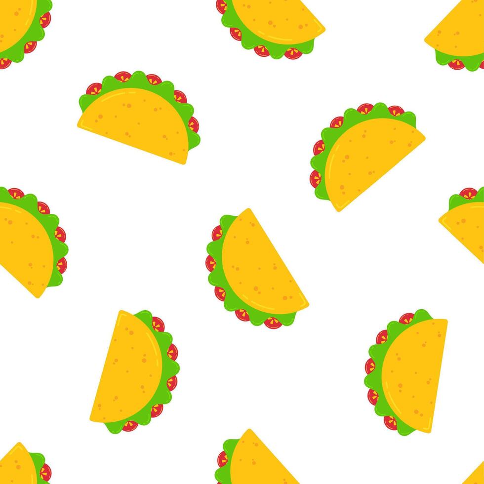 National taco day festive seamless pattern. Flat yellow taco with beef or chicken meat, green salad and red tomato randomly ordered on white background. illustration for mexican festival design vector