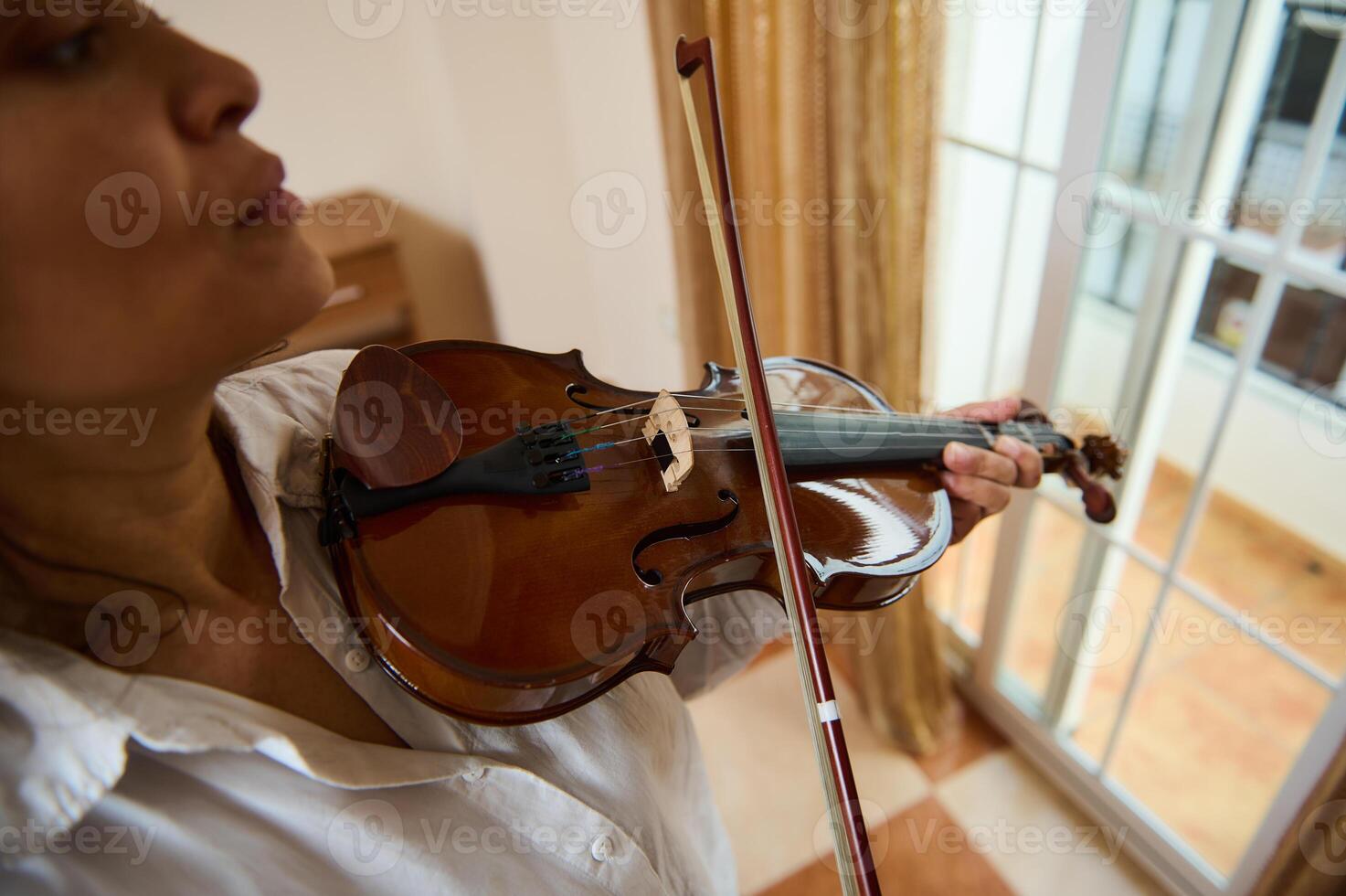 Woman playing a violin in a cozy room with natural light photo