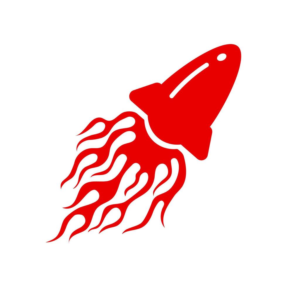 rocket burning flames exhaust. Cartoon red space ship launch emblem with blazing fire flame isolated on white background. Blazing illustration for flammable danger design or gas safety logo. vector